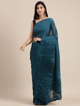 Sareemall - Women's Georgette Teal Blue Solid Celebrity Saree with Unstitched Blouse