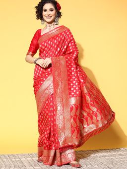 Sareemall - Women's Silk Blend Red Woven Design Celebrity Saree with Unstitched Blouse