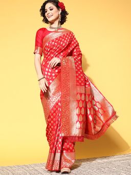 Sareemall - Women's Silk Blend Red Woven Design Celebrity Saree with Unstitched Blouse