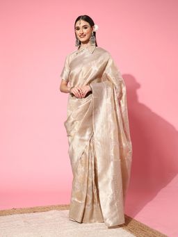 Sareemall - Women's Silk Blend Beige Woven Saree with Unstitched Blouse