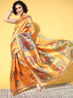 Sareemall - Women's Crepe Mustard Digital Print Celebrity Saree with Unstitched Blouse