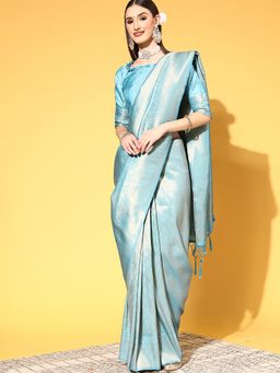 Sareemall - Women's Silk Blend Turquoise Woven Design Handloom Saree with Unstitched Blouse