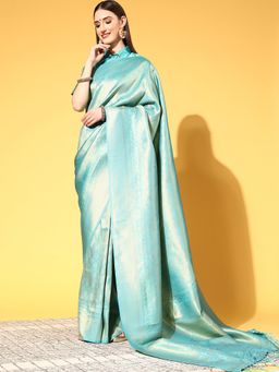 Sareemall - Women's Silk Blend Sea Green Woven Design Handloom Saree with Unstitched Blouse