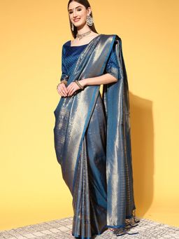 Sareemall - Women's Silk Blend Teal Woven Saree with Unstitched Blouse