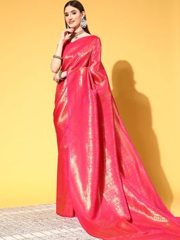 Sareemall - Women's Silk Blend Pink Woven Saree with Unstitched Blouse