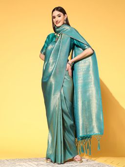 Sareemall - Women's Silk Blend Green Embroidered Woven Saree with Unstitched Blouse