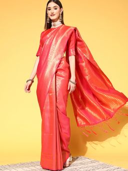 Sareemall - Women's Silk Blend Coral Woven Saree with Unstitched Blouse