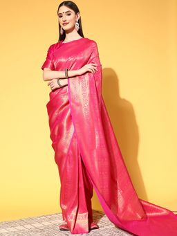 Sareemall - Women's Silk Blend Pink Woven Saree with Unstitched Blouse