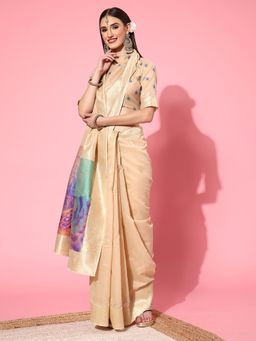 Sareemall - Women's Silk Blend Cream Woven Design Handloom Saree with Unstitched Blouse