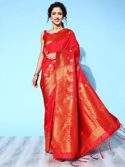 Akhilam - Women's Silk Blend Red Woven Design Designer Saree with Unstitched Blouse