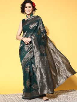 Sareemall - Women's Linen Teal Woven Design Celebrity Saree with Unstitched Blouse