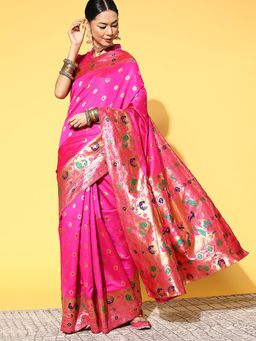 Sareemall - Women's Silk Blend Pink Woven Design Celebrity Saree with Unstitched Blouse