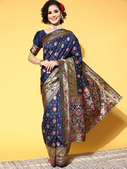 Sareemall - Women's Silk Blend Navy Blue Woven Design Celebrity Saree with Unstitched Blouse