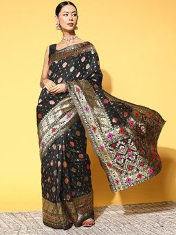 Sareemall - Women's Silk Blend Black Woven Design Celebrity Saree with Unstitched Blouse