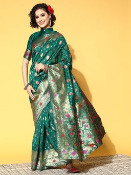 Sareemall - Women's Silk Blend Teal Green Woven Design Celebrity Saree with Unstitched Blouse