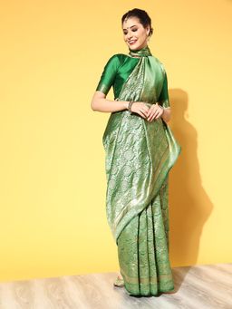 Sareemall - Women's Silk Blend Green Woven Design Celebrity Saree with Unstitched Blouse
