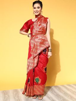 Sareemall - Women's Silk Blend Red Woven Design Celebrity Saree with Unstitched Blouse