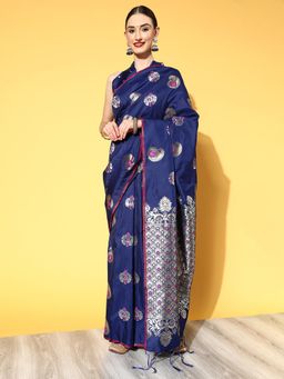 Sareemall - Women's Silk Blend Navy Blue Woven Design Celebrity Saree with Unstitched Blouse