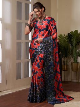 Akhilam - Women's Crepe Navy Blue Digital Print Celebrity Saree with Unstitched Blouse