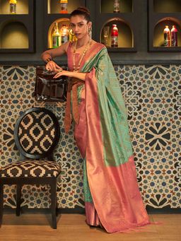 Akhilam - Women's Silk Blend Sea Green Woven Design Handloom Saree with Unstitched Blouse