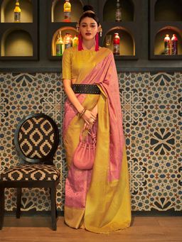 Akhilam - Women's Silk Blend Pink Woven Design Handloom Saree with Unstitched Blouse