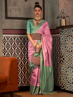 Akhilam - Women's Silk Blend Pink Woven Design Handloom Saree with Unstitched Blouse