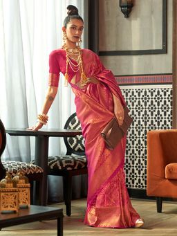 Akhilam - Women's Silk Blend Pink Woven Design Designer Saree with Unstitched Blouse