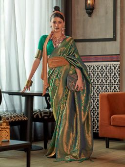 Akhilam - Women's Silk Blend Green Woven Design Designer Saree with Unstitched Blouse