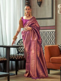 Akhilam - Women's Silk Blend Purple Woven Design Designer Saree with Unstitched Blouse