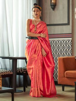 Akhilam - Women's Silk Blend Pink Woven Design Designer Saree with Unstitched Blouse