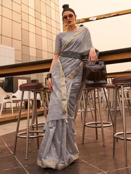 Akhilam - Women's Silk Blend Grey Woven Design Handloom Saree with Unstitched Blouse
