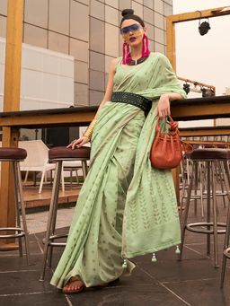 Akhilam - Women's Silk Blend Light Green Woven Design Handloom Saree with Unstitched Blouse