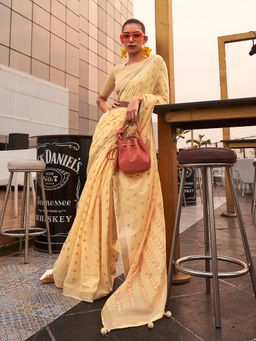 Akhilam - Women's Silk Blend Yellow Woven Design Handloom Saree with Unstitched Blouse
