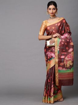 Akhilam - Women's Cotton Linen Brown Printed Celebrity Saree with Unstitched Blouse