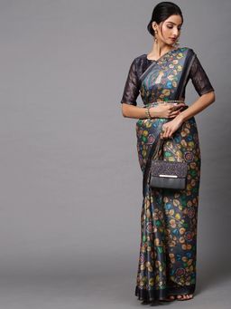 Akhilam - Women's Cotton Linen Grey Printed Celebrity Saree with Unstitched Blouse