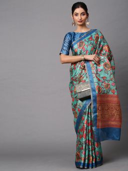 Akhilam - Women's Cotton Linen Sea Green Printed Celebrity Saree with Unstitched Blouse
