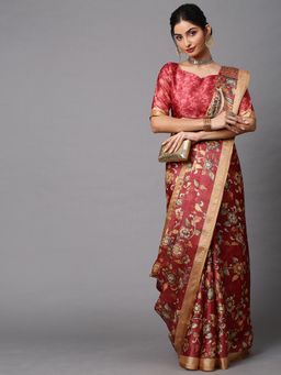 Akhilam - Women's Cotton Linen Maroon Printed Celebrity Saree with Unstitched Blouse