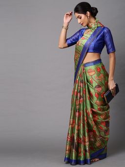 Akhilam - Women's Cotton Linen Olive Printed Celebrity Saree with Unstitched Blouse