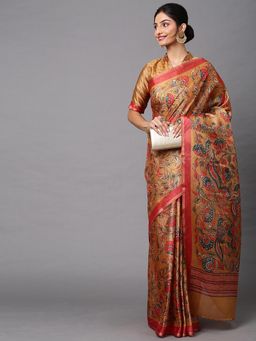 Akhilam - Women's Cotton Linen Beige Printed Celebrity Saree with Unstitched Blouse
