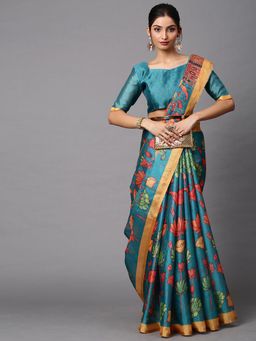 Akhilam - Women's Cotton Linen Teal Blue Printed Celebrity Saree with Unstitched Blouse