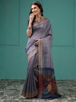 Akhilam - Women's Silk Blend Grey Digital Print Designer Saree with Unstitched Blouse
