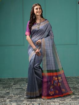Akhilam - Women's Silk Blend Grey Digital Print Designer Saree with Unstitched Blouse