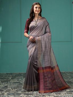 Akhilam - Women's Silk Blend Grey Digital Print Designer Saree with Unstitched Blouse