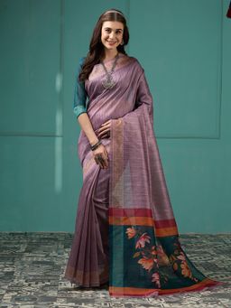 Akhilam - Women's Silk Blend Mauve Digital Print Designer Saree with Unstitched Blouse