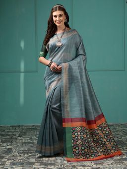 Akhilam - Women's Silk Blend Grey Digital Print Designer Saree with Unstitched Blouse