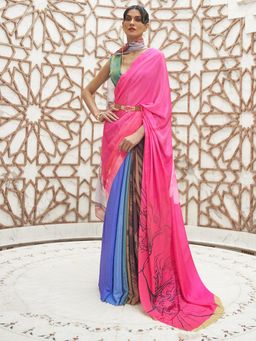 Akhilam - Women's Crepe Pink Digital Print Celebrity Saree with Unstitched Blouse
