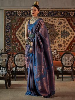 Akhilam - Women's Silk Blend Navy Blue Woven Design Handloom Saree with Unstitched Blouse