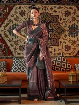 Akhilam - Women's Silk Blend Black Woven Design Handloom Saree with Unstitched Blouse