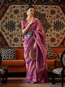 Akhilam - Women's Silk Blend Purple Woven Design Handloom Saree with Unstitched Blouse
