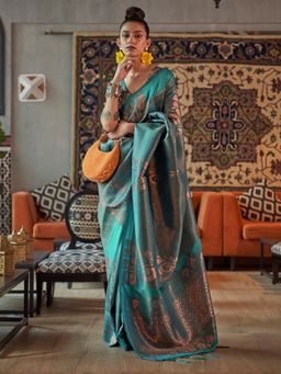 Akhilam - Women's Silk Blend Turquoise Woven Design Handloom Saree with Unstitched Blouse